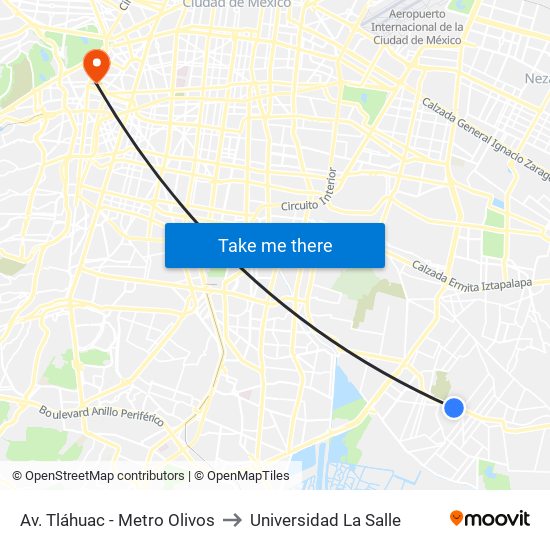 Av. Tláhuac - Metro Olivos to Universidad La Salle map