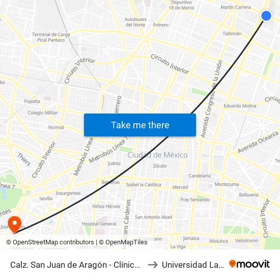 Calz. San Juan de Aragón - Clínica 23 Imss to Universidad La Salle map