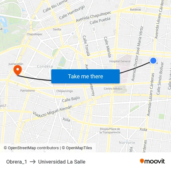 Obrera_1 to Universidad La Salle map