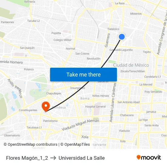 Flores Magón_1_2 to Universidad La Salle map