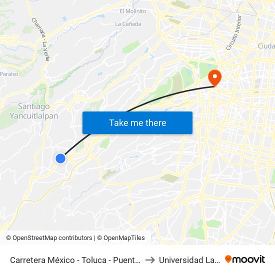 Carretera México - Toluca - Puente El Yaqui to Universidad La Salle map