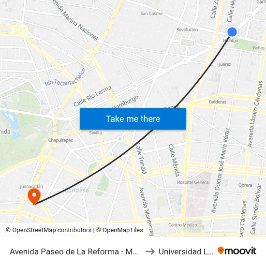 Avenida Paseo de La Reforma - Metro Hidalgo_1 to Universidad La Salle map