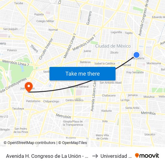 Avenida H. Congreso de La Unión - Metro Candelaria to Universidad La Salle map