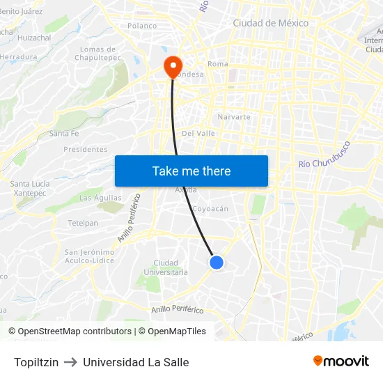Topiltzin to Universidad La Salle map