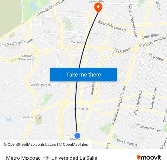 Metro Mixcoac to Universidad La Salle map