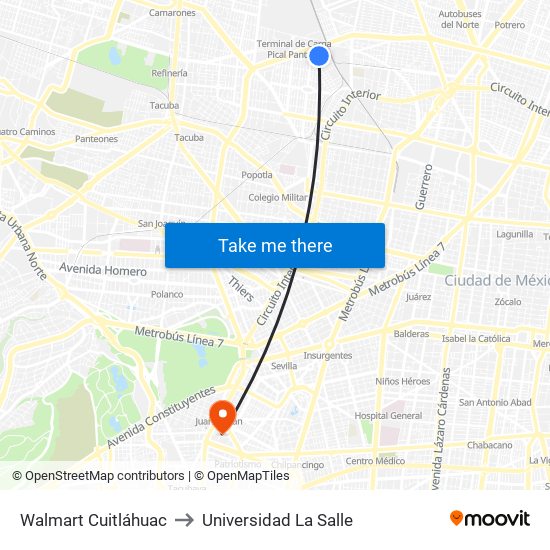 Walmart Cuitláhuac to Universidad La Salle map