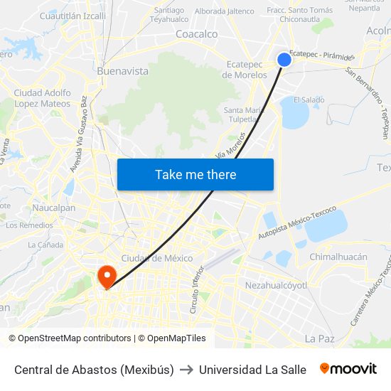 Central de Abastos (Mexibús) to Universidad La Salle map