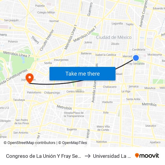 Congreso de La Unión Y Fray Servando to Universidad La Salle map