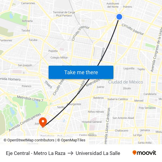 Eje Central - Metro La Raza to Universidad La Salle map