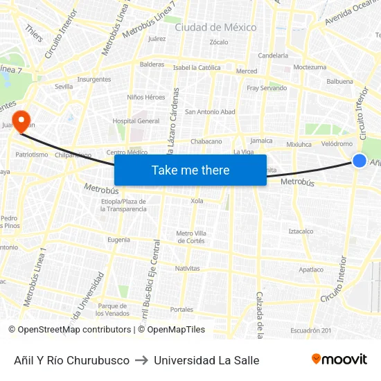 Añil Y Río Churubusco to Universidad La Salle map