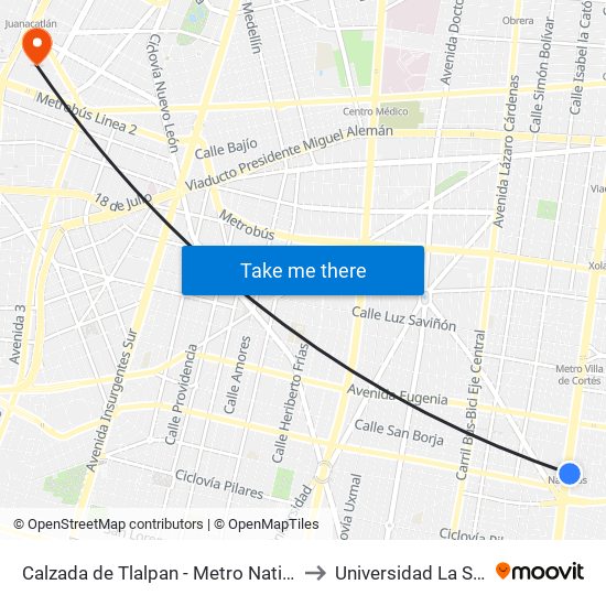 Calzada de Tlalpan - Metro Nativitas to Universidad La Salle map
