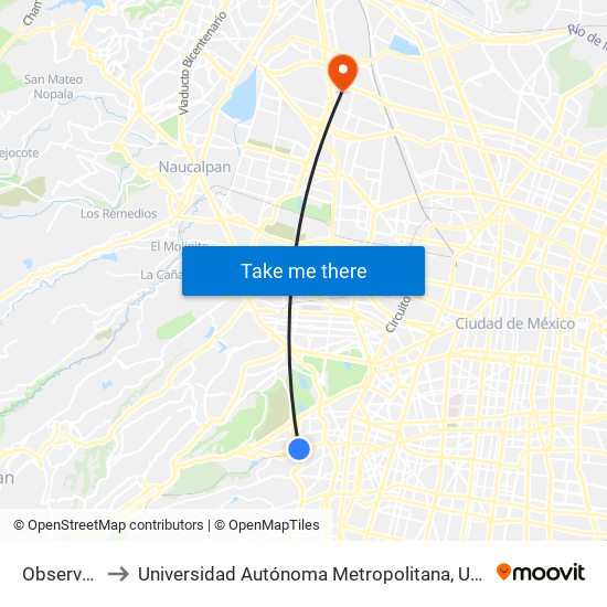 Observatorio to Universidad Autónoma Metropolitana, Unidad Azcapotzalco map