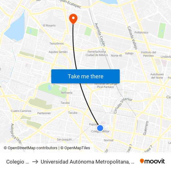 Colegio Militar to Universidad Autónoma Metropolitana, Unidad Azcapotzalco map