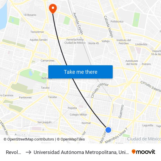 Revolución to Universidad Autónoma Metropolitana, Unidad Azcapotzalco map