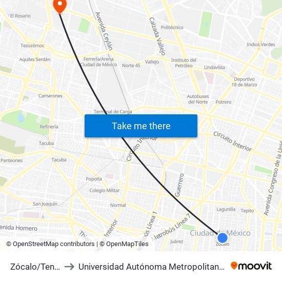 Zócalo/Tenochtitlán to Universidad Autónoma Metropolitana, Unidad Azcapotzalco map