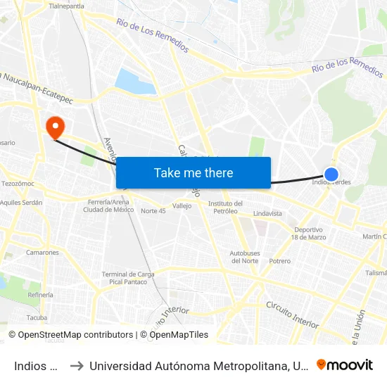 Indios Verdes to Universidad Autónoma Metropolitana, Unidad Azcapotzalco map