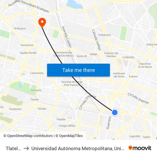 Tlatelolco to Universidad Autónoma Metropolitana, Unidad Azcapotzalco map