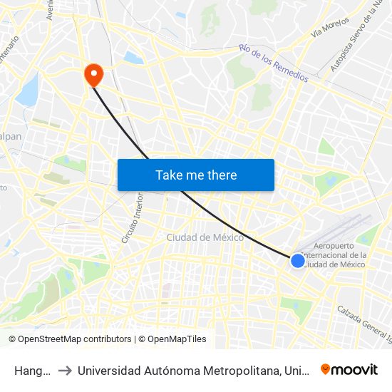 Hangares to Universidad Autónoma Metropolitana, Unidad Azcapotzalco map