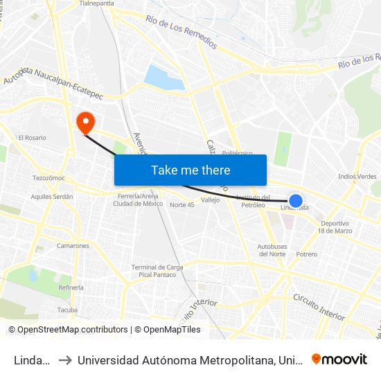 Lindavista to Universidad Autónoma Metropolitana, Unidad Azcapotzalco map