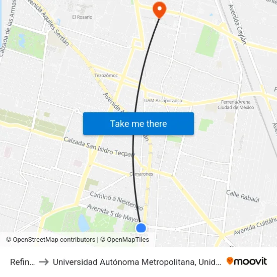 Refinería to Universidad Autónoma Metropolitana, Unidad Azcapotzalco map