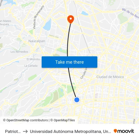 Patriotismo to Universidad Autónoma Metropolitana, Unidad Azcapotzalco map