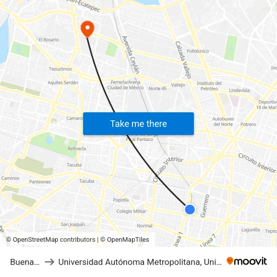 Buenavista to Universidad Autónoma Metropolitana, Unidad Azcapotzalco map