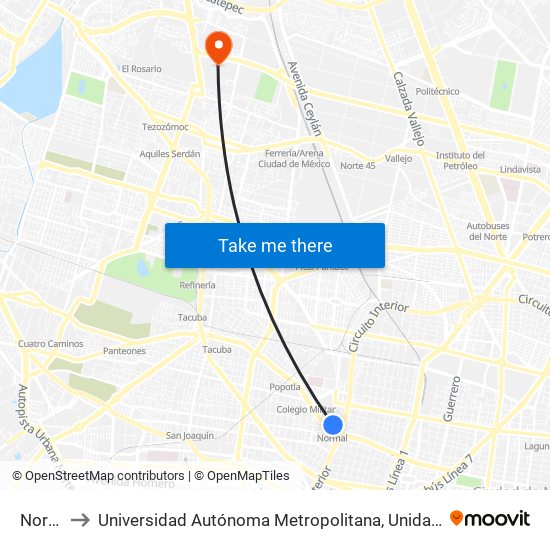 Normal to Universidad Autónoma Metropolitana, Unidad Azcapotzalco map