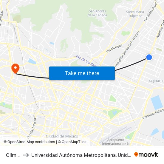 Olímpica to Universidad Autónoma Metropolitana, Unidad Azcapotzalco map