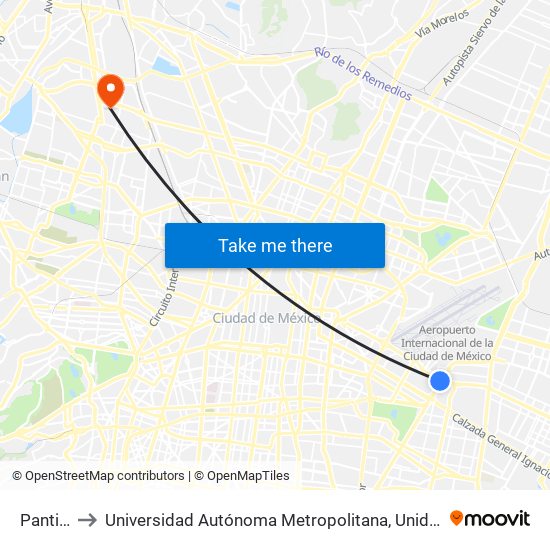 Pantitlán to Universidad Autónoma Metropolitana, Unidad Azcapotzalco map