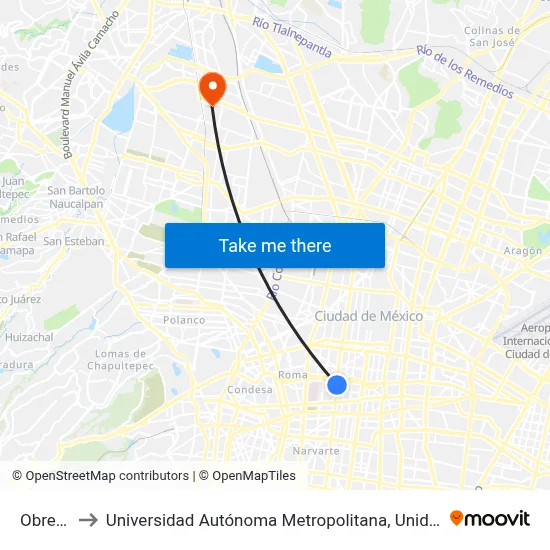 Obrera_1 to Universidad Autónoma Metropolitana, Unidad Azcapotzalco map