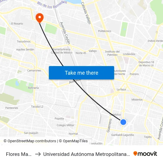 Flores Magón_1_2 to Universidad Autónoma Metropolitana, Unidad Azcapotzalco map