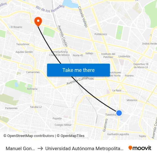 Manuel González_1_3 to Universidad Autónoma Metropolitana, Unidad Azcapotzalco map