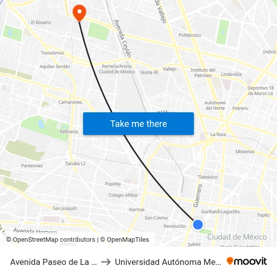 Avenida Paseo de La Reforma - Metro Hidalgo_1 to Universidad Autónoma Metropolitana, Unidad Azcapotzalco map