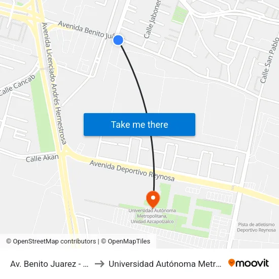 Av. Benito Juarez - Av. Francisco Márquez to Universidad Autónoma Metropolitana, Unidad Azcapotzalco map