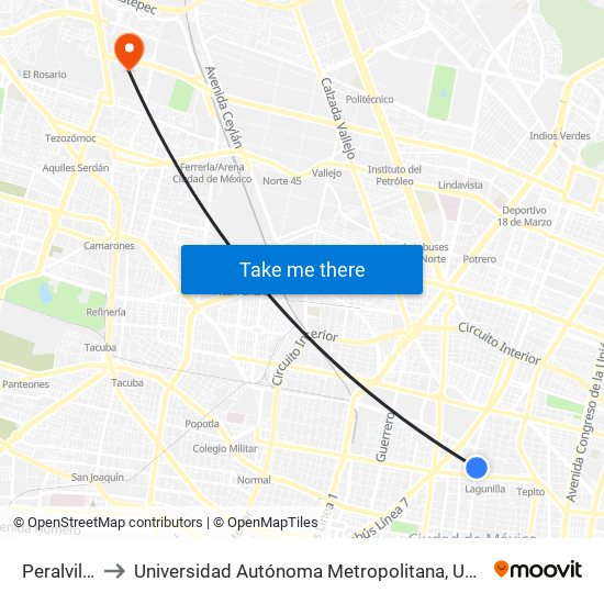 Peralvillo, 9a to Universidad Autónoma Metropolitana, Unidad Azcapotzalco map