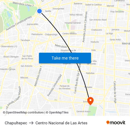 Chapultepec to Centro Nacional de Las Artes map