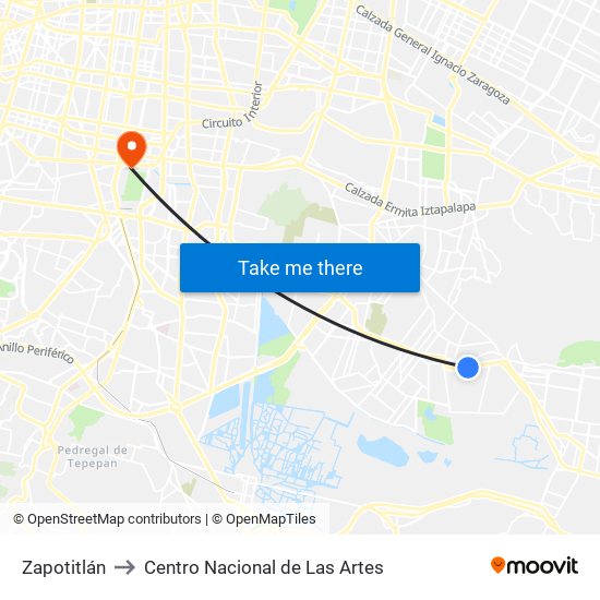 Zapotitlán to Centro Nacional de Las Artes map