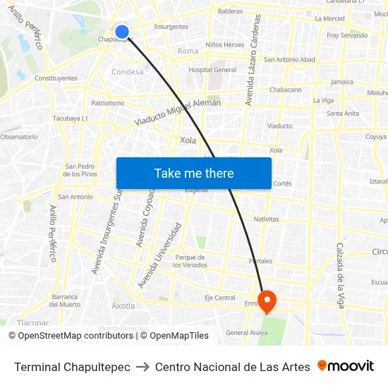 Terminal Chapultepec to Centro Nacional de Las Artes map