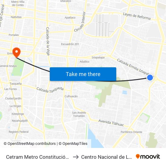 Cetram Metro Constitución de 1917 to Centro Nacional de Las Artes map