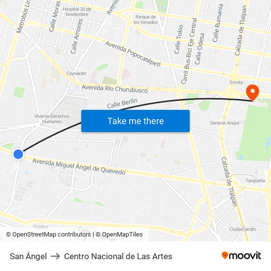 San Ángel to Centro Nacional de Las Artes map