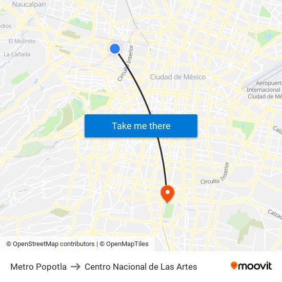 Metro Popotla to Centro Nacional de Las Artes map