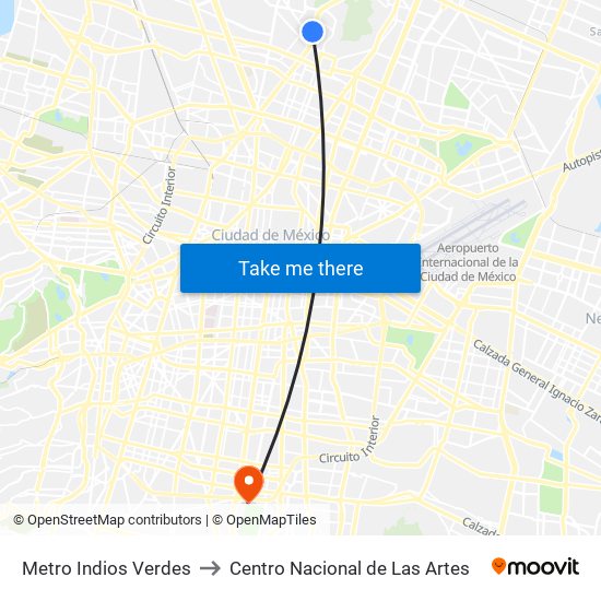 Metro Indios Verdes to Centro Nacional de Las Artes map