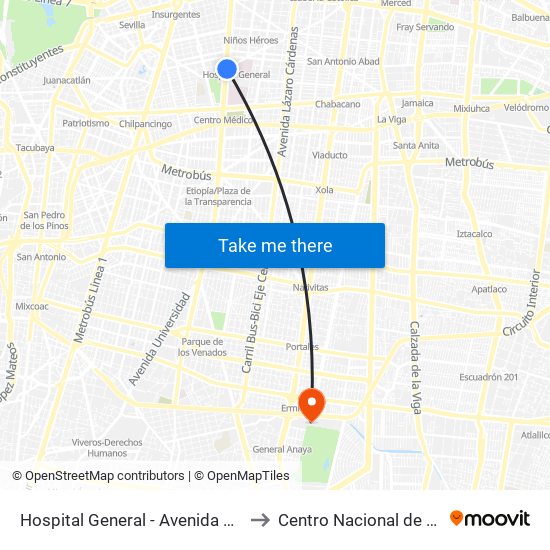 Hospital General - Avenida Cuauhtémoc to Centro Nacional de Las Artes map