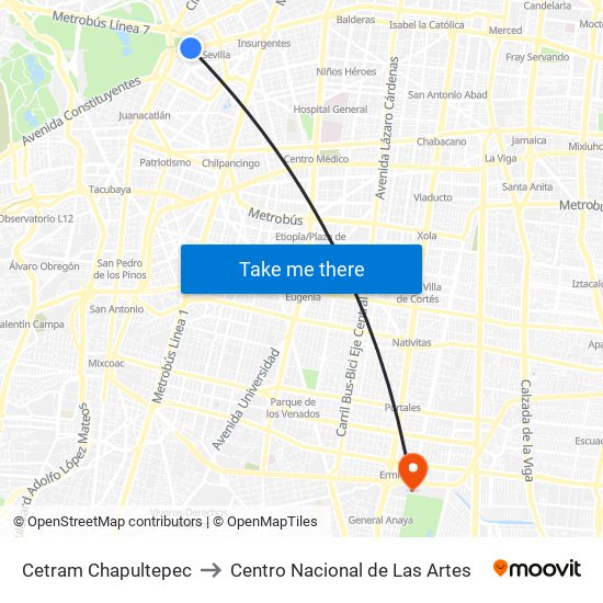 Cetram Chapultepec to Centro Nacional de Las Artes map