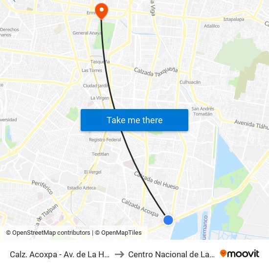 Calz. Acoxpa - Av. de La Hacienda to Centro Nacional de Las Artes map