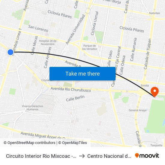 Circuito Interior Rio Mixcoac - Av. Insurgentes to Centro Nacional de Las Artes map