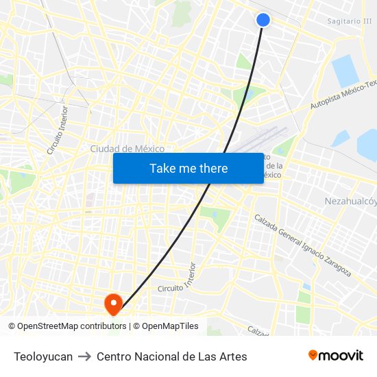 Teoloyucan to Centro Nacional de Las Artes map