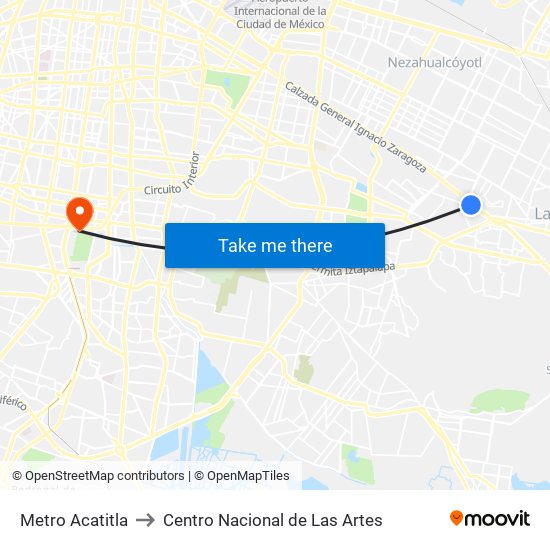 Metro Acatitla to Centro Nacional de Las Artes map