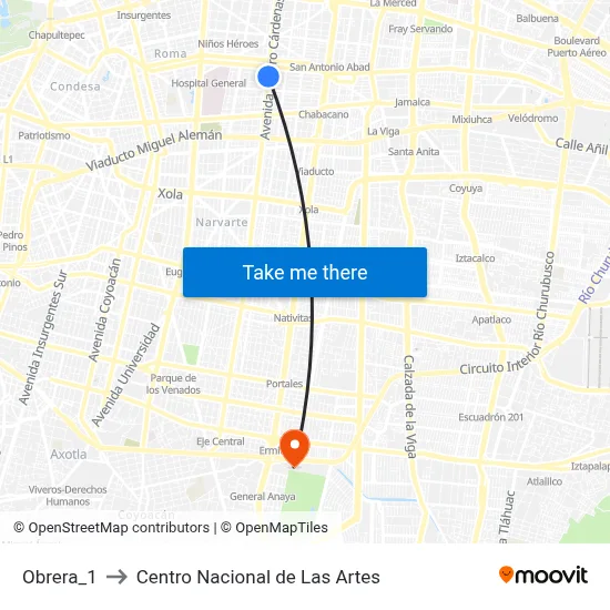Obrera_1 to Centro Nacional de Las Artes map