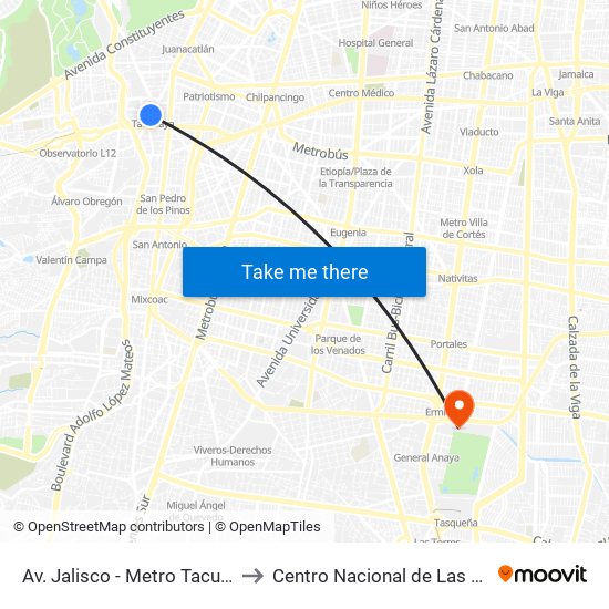 Av. Jalisco - Metro Tacubaya to Centro Nacional de Las Artes map